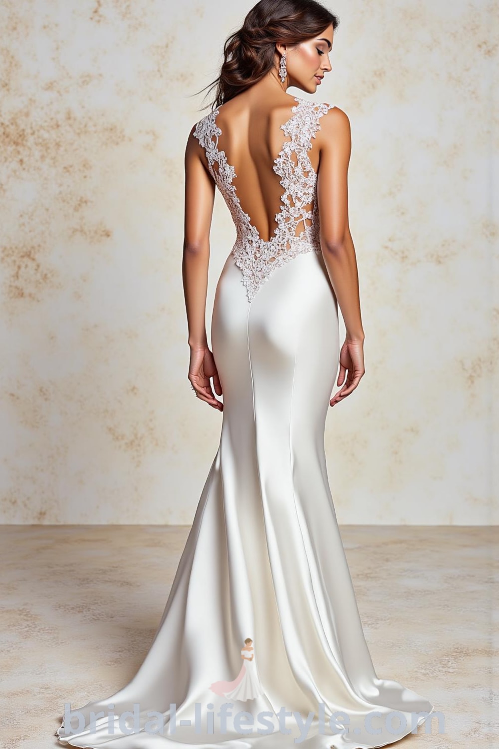 Mermaid wedding dress in luxurious satin with an open back and intricate lace detailing, featuring a sweeping train for added drama. bridal-lifestyle.com
