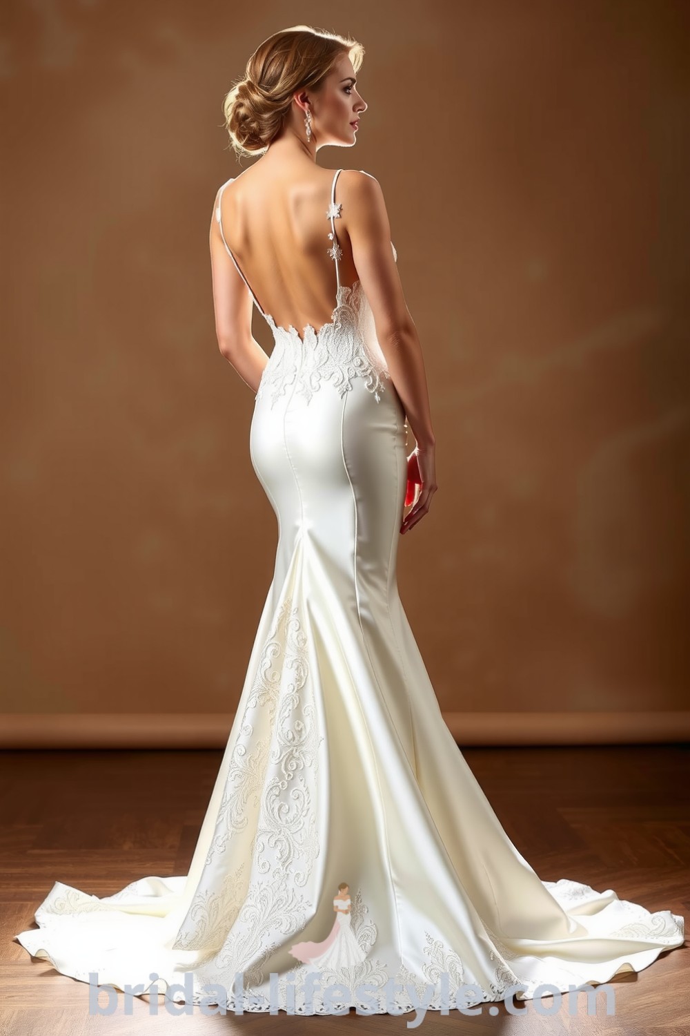 Elegant mermaid wedding dress in luxurious ivory satin with lace detailing, a fitted bodice, flared hem, and a sheer open back, ideal for dreamy brides seeking inspiration for the special day. bridal-lifestyle.com