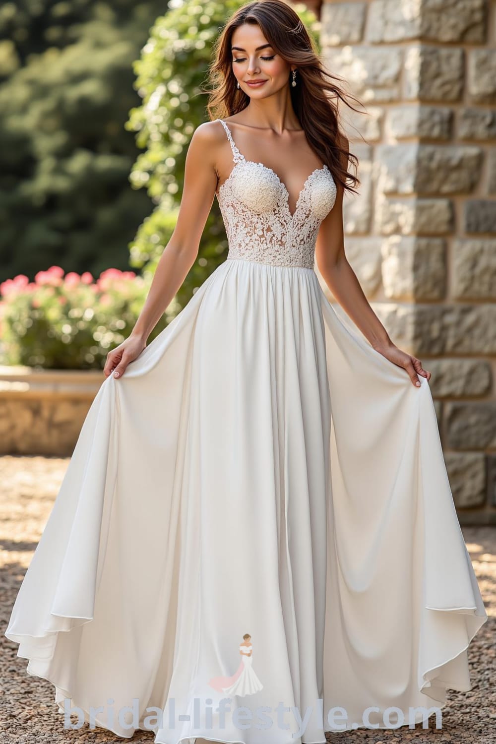 A-line wedding dress featuring a sweetheart neckline, satin bodice with lace appliqués, flowing chiffon skirt, and a lace panel at the back with vintage buttons. bridal-lifestyle.com