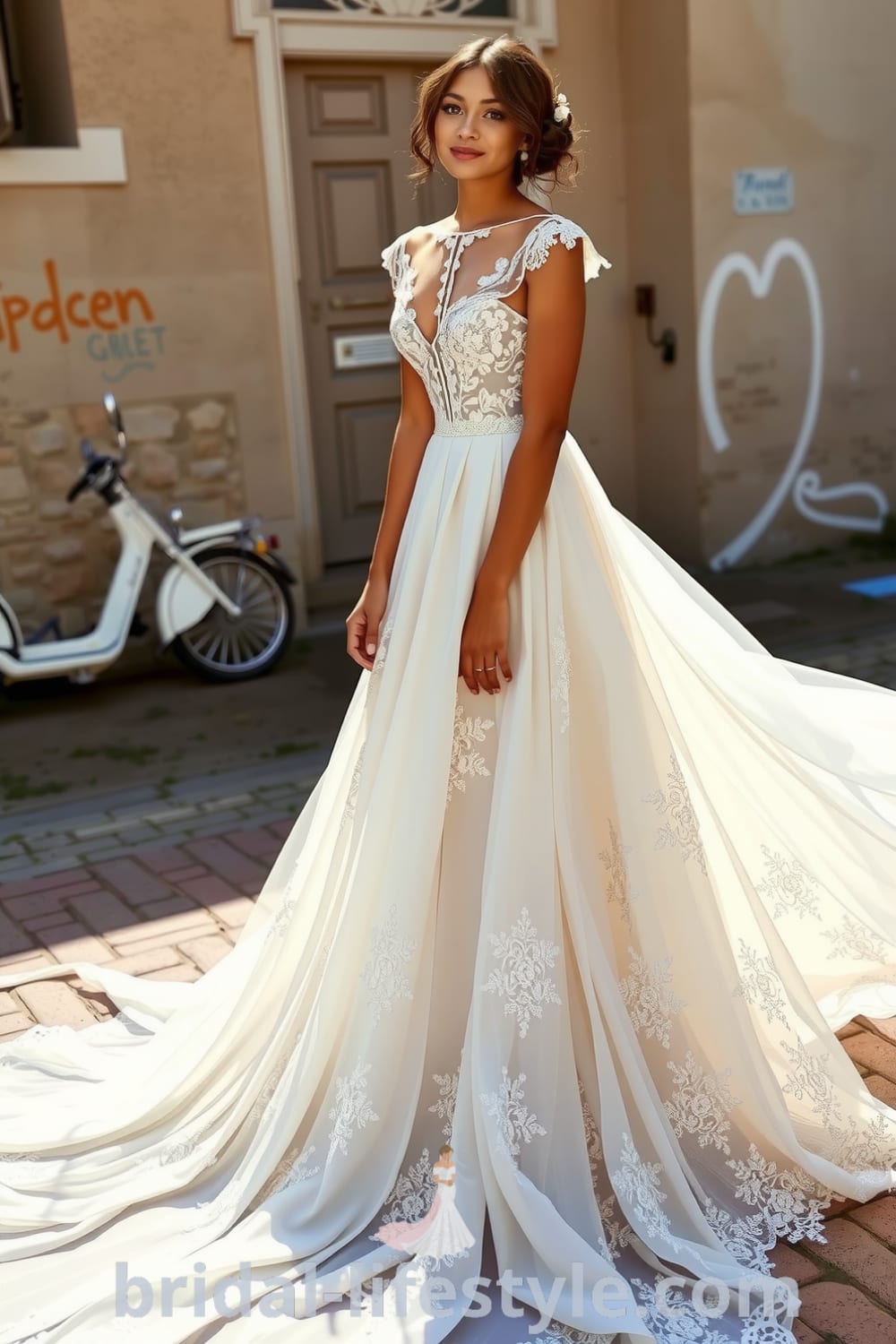 A stunning boho wedding dress with floral appliqués, illusion neckline, and a flowing lace skirt cascading in layers, designed for a Latina bride. bridal-lifestyle.com