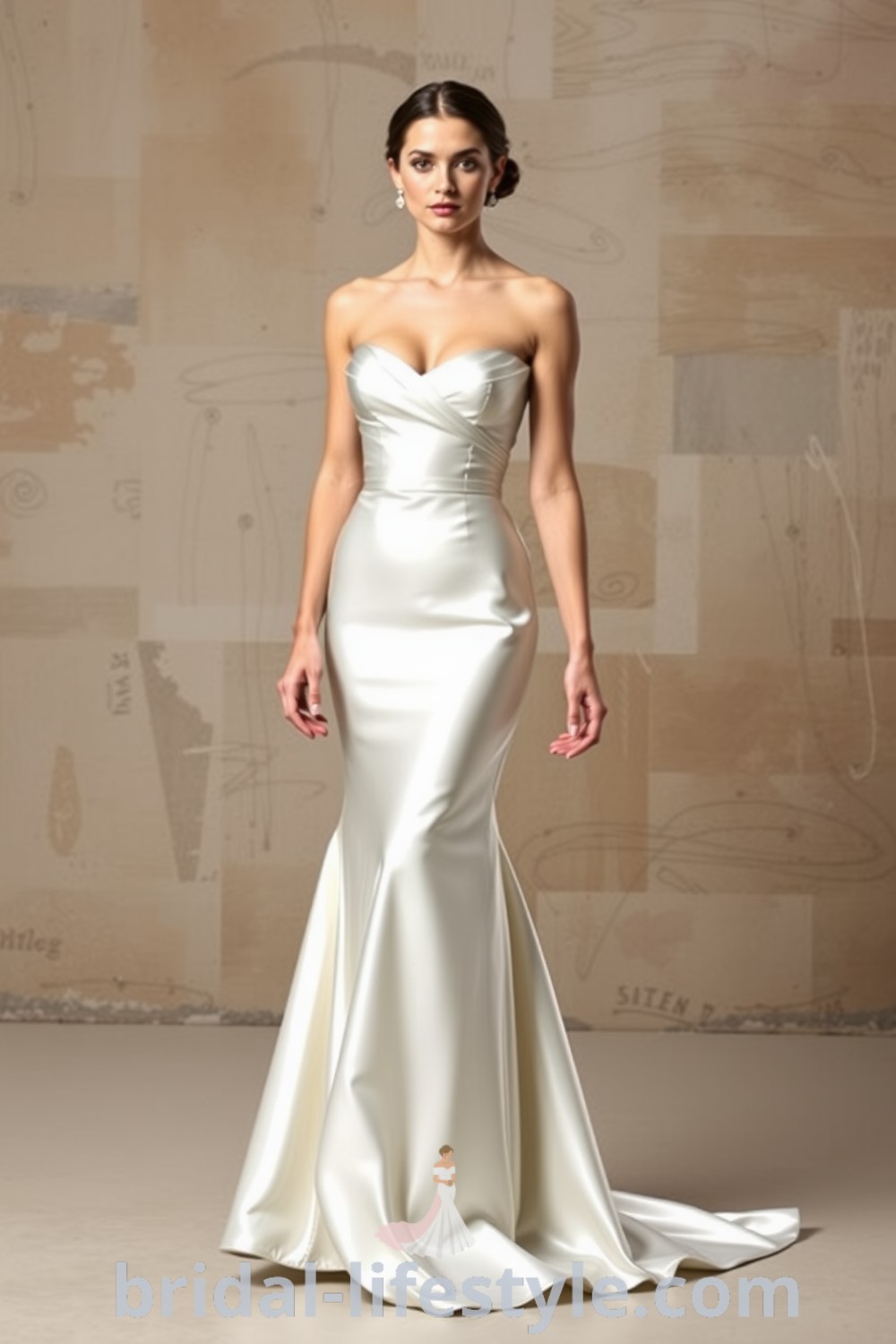 Elegant mermaid wedding dress in satin with a sweetheart neckline, flaring at the knees and reflecting light, perfect for a romantic bridal look. bridal-lifestyle.com