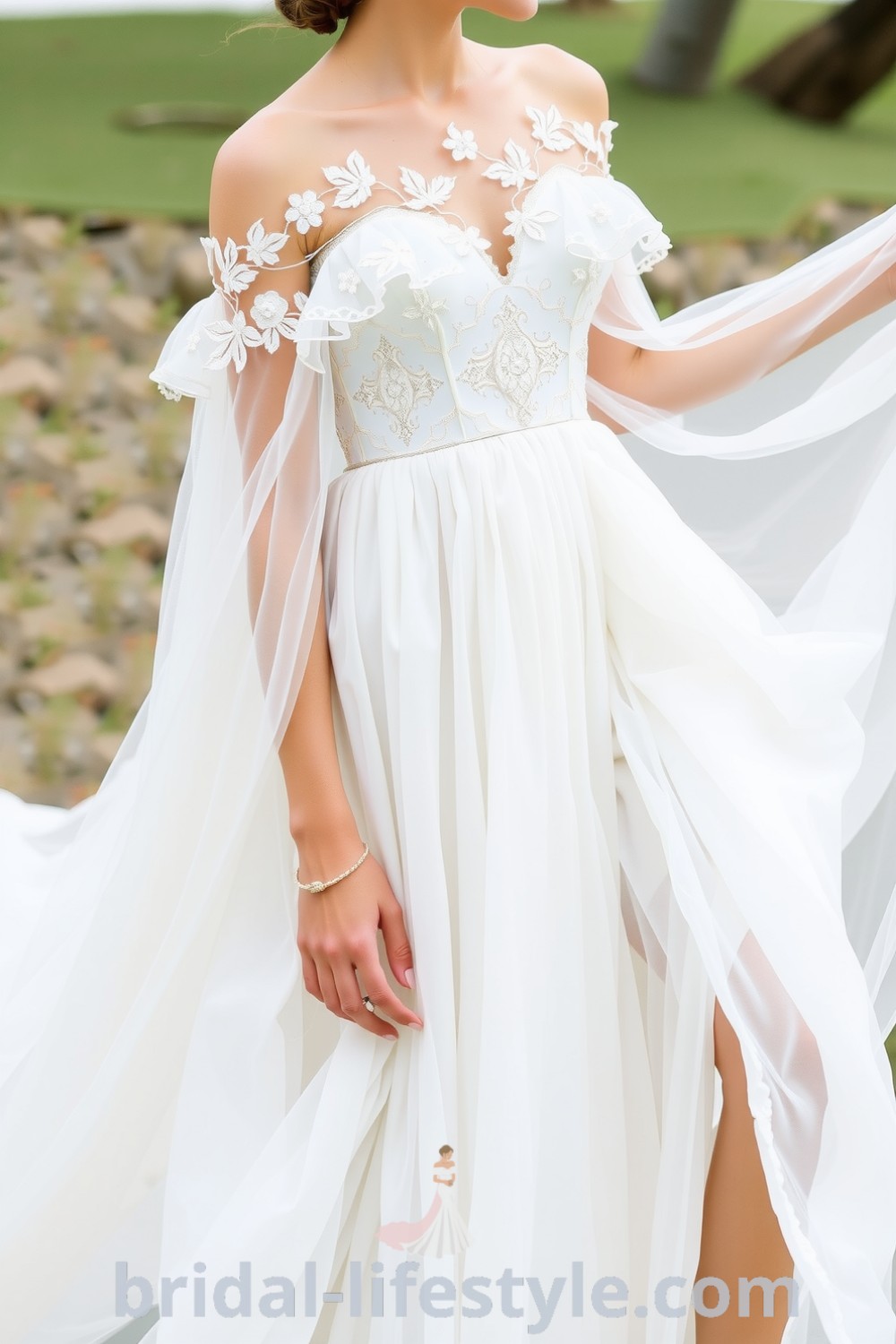 A stunning boho flowy wedding dress with soft lace, airy tulle, an off-the-shoulder neckline, and intricate floral embroidery, perfect for dreamy brides on their special day. bridal-lifestyle.com