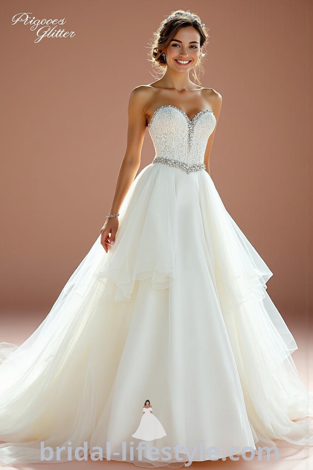 A stunning Princess Glitter wedding dress featuring a satin skirt, sweetheart neckline with lace appliqués and sequins, fitted bodice, and a tulle overlay. bridal-lifestyle.com