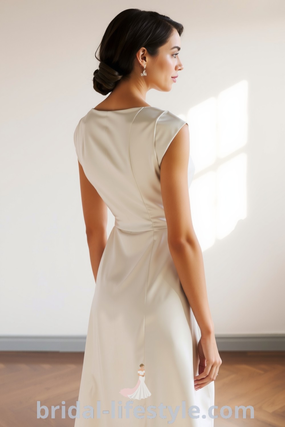 Chic A-line wedding dress made of smooth satin, featuring a clean silhouette, elegant neckline, subtle cap sleeves, and knee-length hem. bridal-lifestyle.com