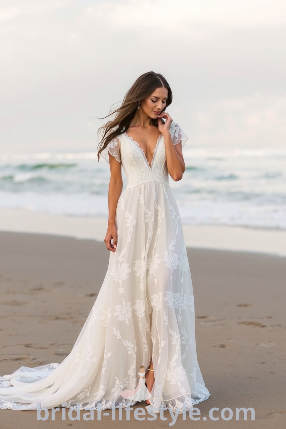 Boho beach wedding dress featuring lightweight lace and chiffon, a relaxed A-line shape, deep V-neckline, and floral appliqués, with an ethereal train trailing behind. bridal-lifestyle.com