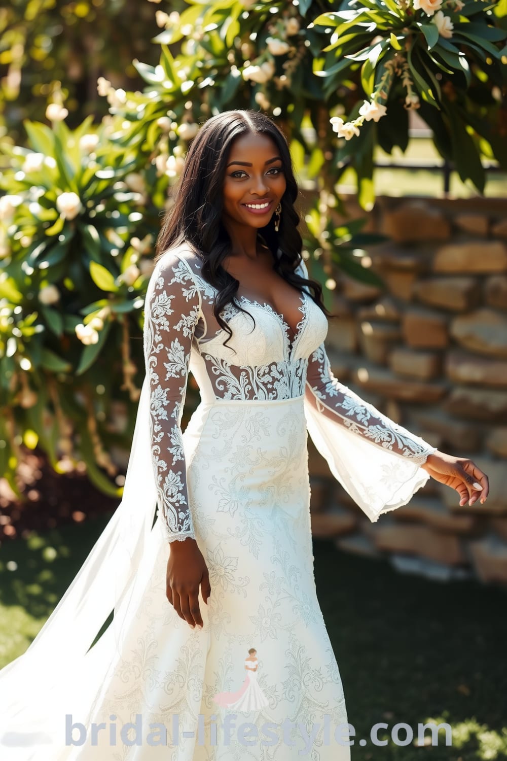 A beautiful Black bride in a boho long-sleeve lace wedding dress with floral patterns, flowing skirt, and subtle train. bridal-lifestyle.com