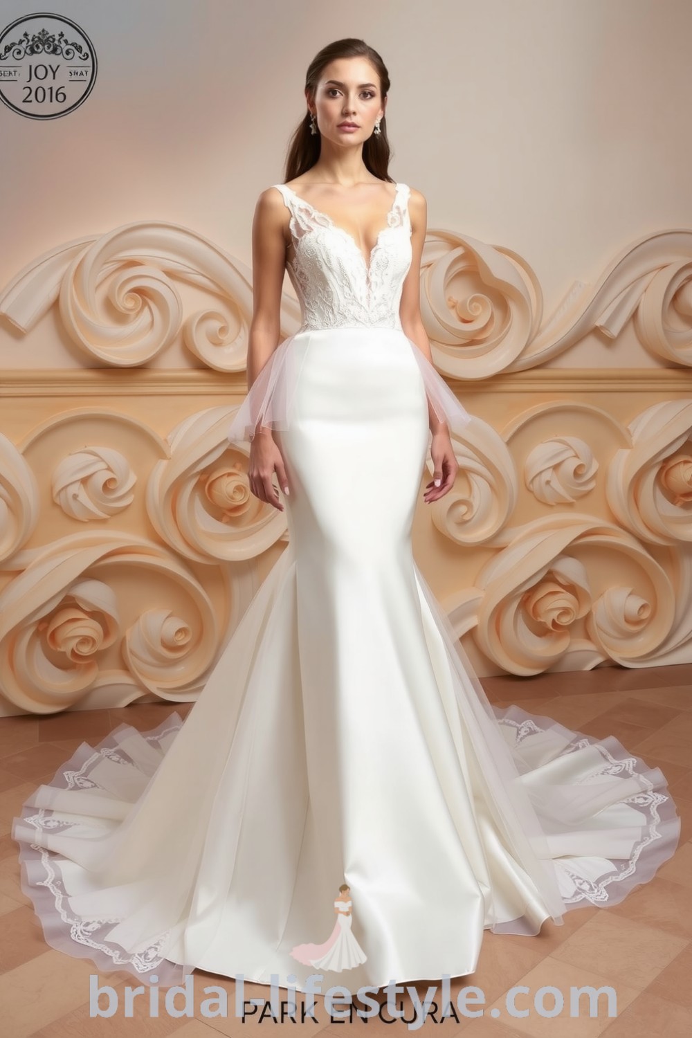 Elegant mermaid wedding dress with a luxurious satin silhouette, dramatic tulle overlay, intricate lace bodice, and a detachable skirt. bridal-lifestyle.com