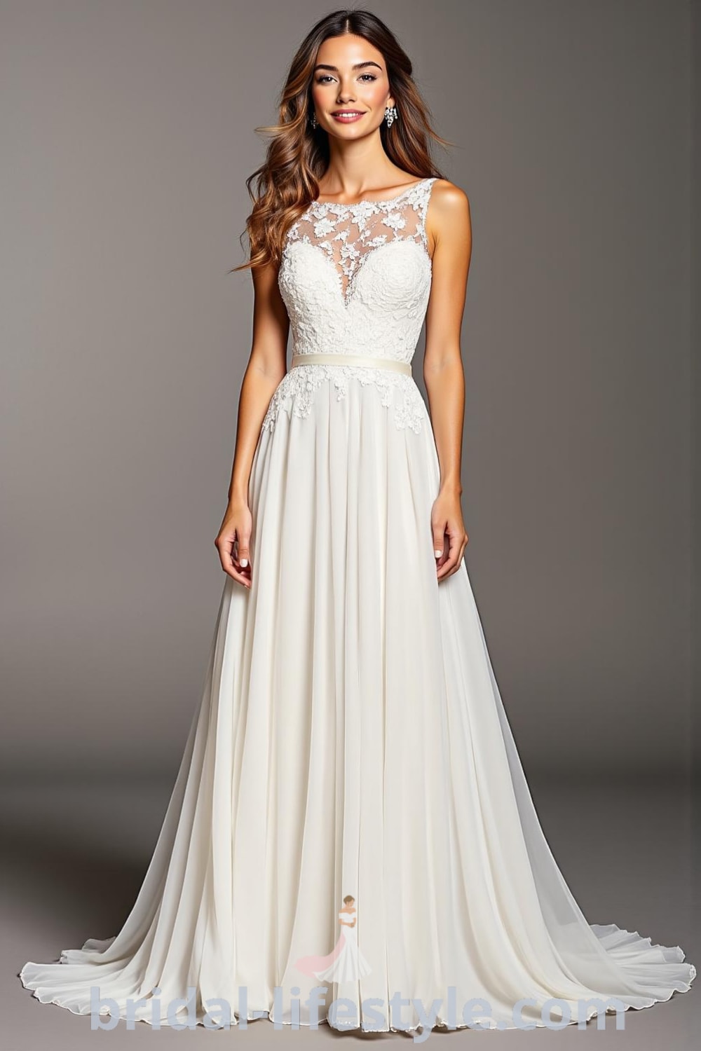 A-line wedding dress with boat neck design, luxurious satin fabric, lace appliqués cascading down the skirt, and a satin belt enhancing the silhouette. bridal-lifestyle.com