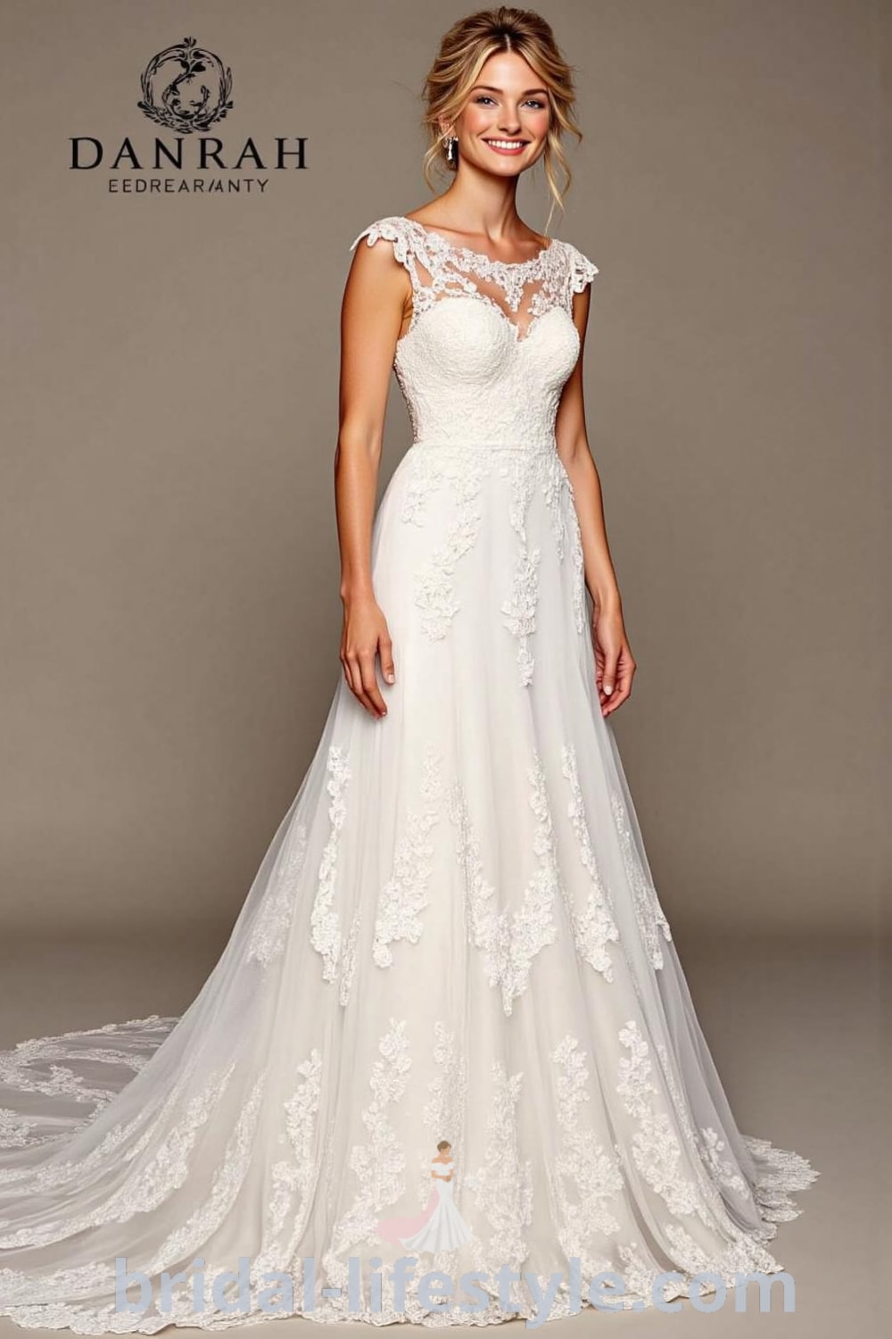 A-line wedding dress with intricate lace overlays, smooth satin underlayer, sweetheart neckline, and scalloped lace trim along the hem. bridal-lifestyle.com