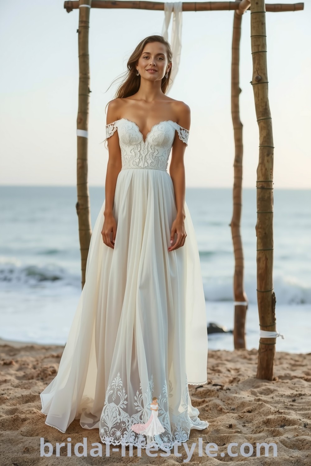 Elegant boho beach wedding dress with A-line silhouette, soft lace, flowing chiffon, floral embroidery, and off-the-shoulder neckline, perfect for dreamy brides. bridal-lifestyle.com