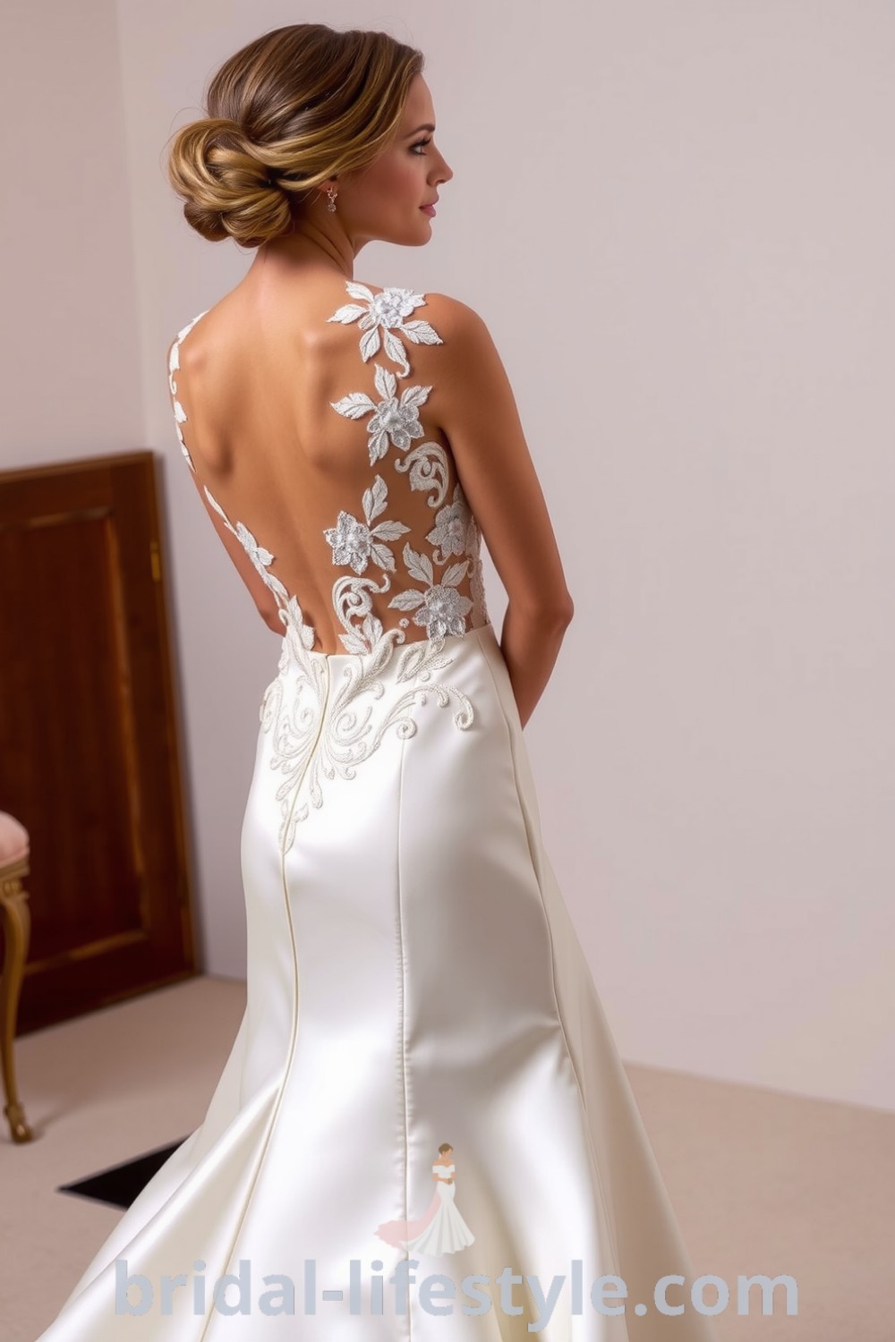 A stunning bride in a fit and flare wedding dress made of luxurious satin with lace overlays, featuring an open back and an illusion neckline, ideal for a romantic evening ceremony. bridal-lifestyle.com