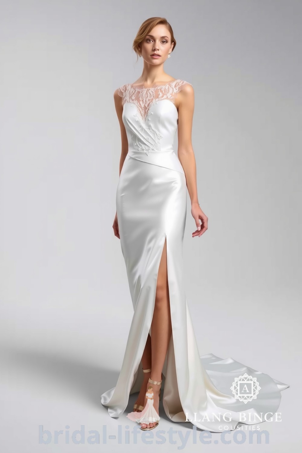 Fit and flare wedding dress made of luxurious satin with a thigh-high slit and lace appliqués on the bodice, showcasing contemporary elegance. bridal-lifestyle.com