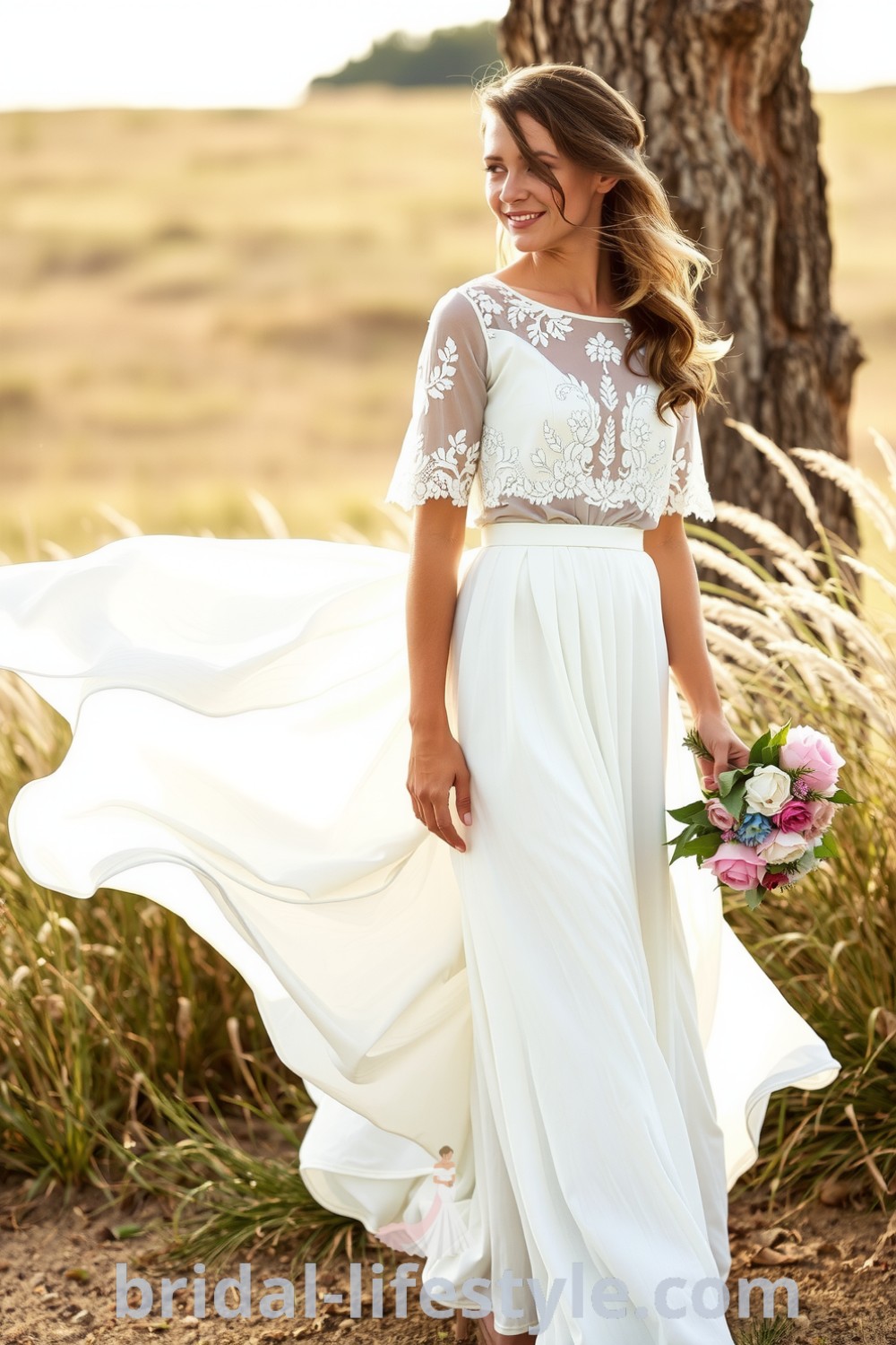 Bohemian two-piece wedding dress featuring a floral embroidered cropped top and a flowing skirt that embodies elegance and romance. bridal-lifestyle.com