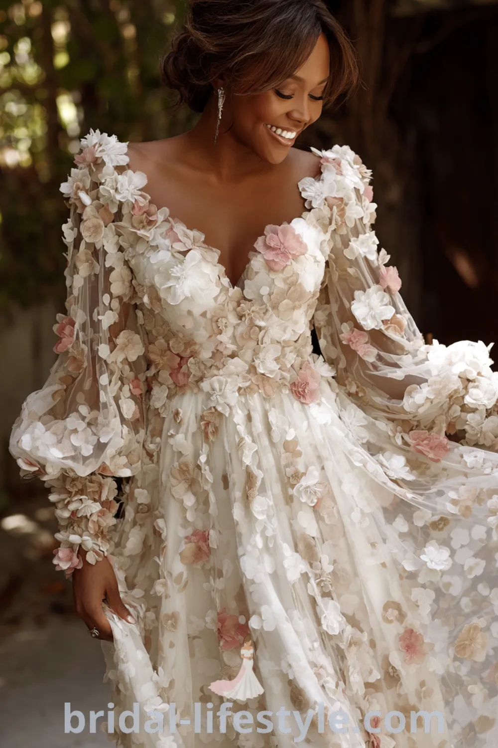 Whimsical floral wedding dress with A-line silhouette, 3D floral appliques, outdoor wedding ceremony, free-spirited bridal look.
