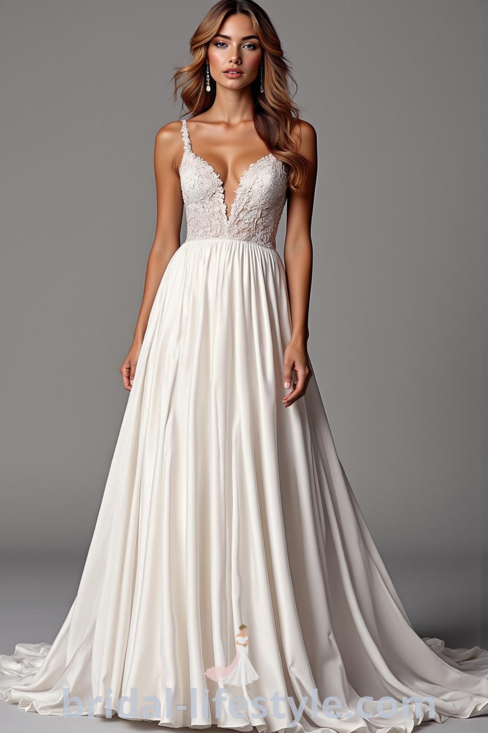A-line wedding dress featuring V-neckline, flowing satin skirt, intricate lace bodice, and sheer side panels with subtle shimmer, showcased on bridal-lifestyle.com.