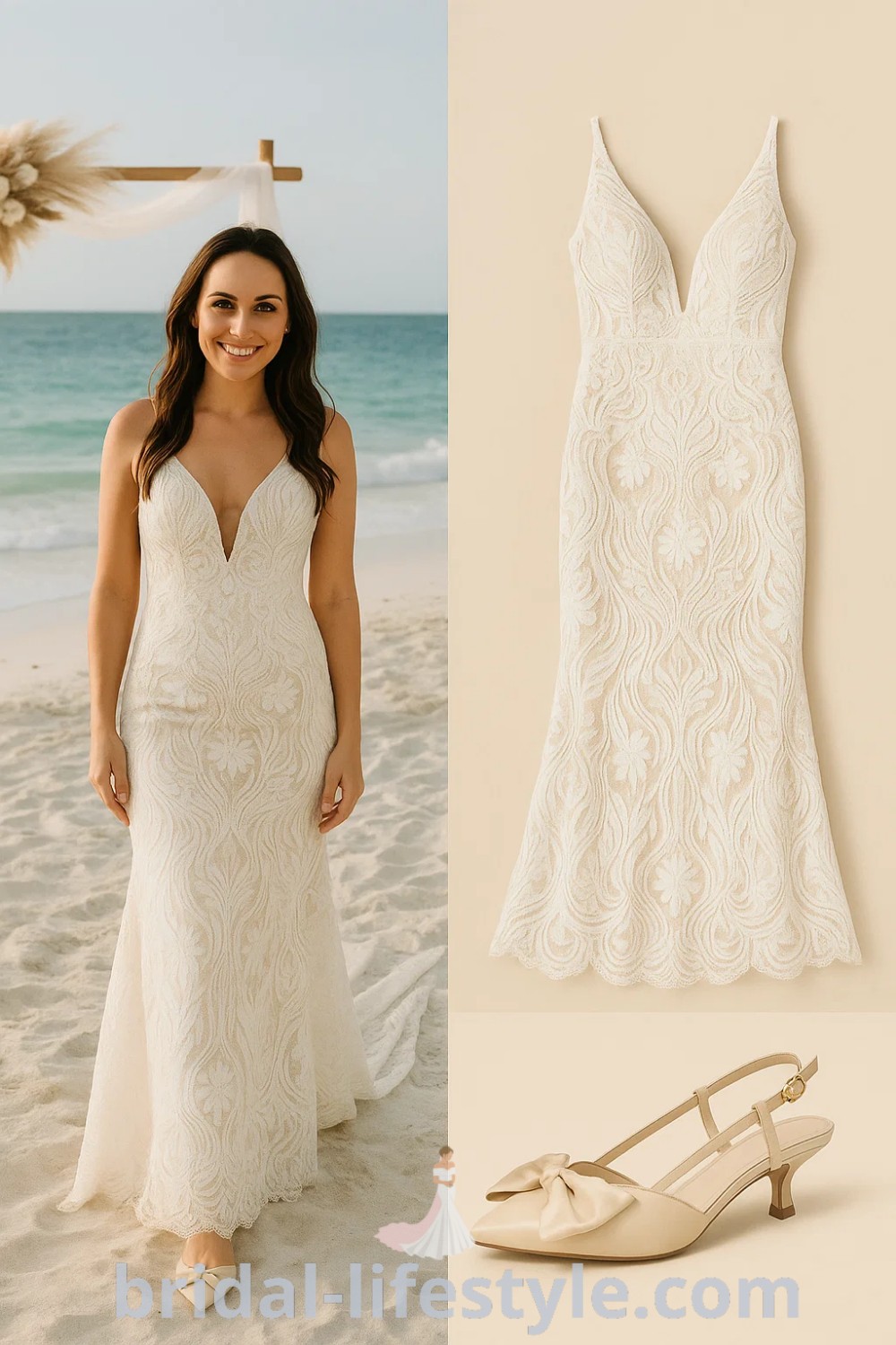 cream fit-and-flare wedding dress with intricate floral patterns, elegant beige slingback heels perfect for a beach wedding, boho wedding dress for rustic events, styles from pinshoesoutfits.com