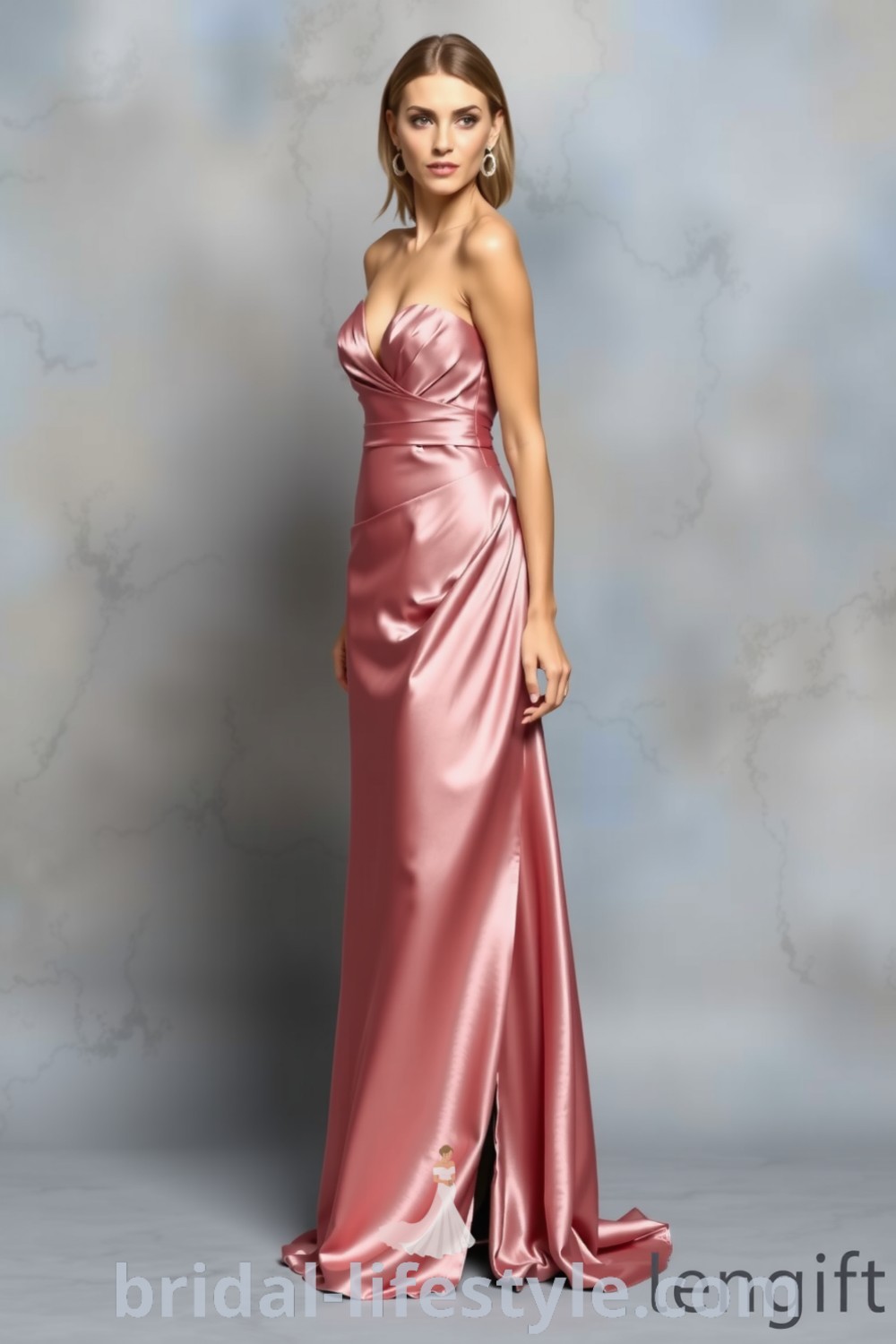 Chic long satin bridesmaid dress showcased on bridal-lifestyle.com, featuring a side slit and elegant drape, ideal for every bride