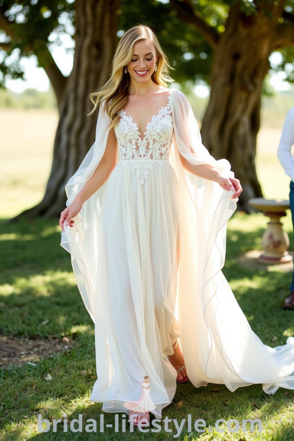 Boho wedding dress with flowing chiffon layers, intricate lace appliqués on the bodice and sleeves, designed for a romantic outdoor celebration. bridal-lifestyle.com