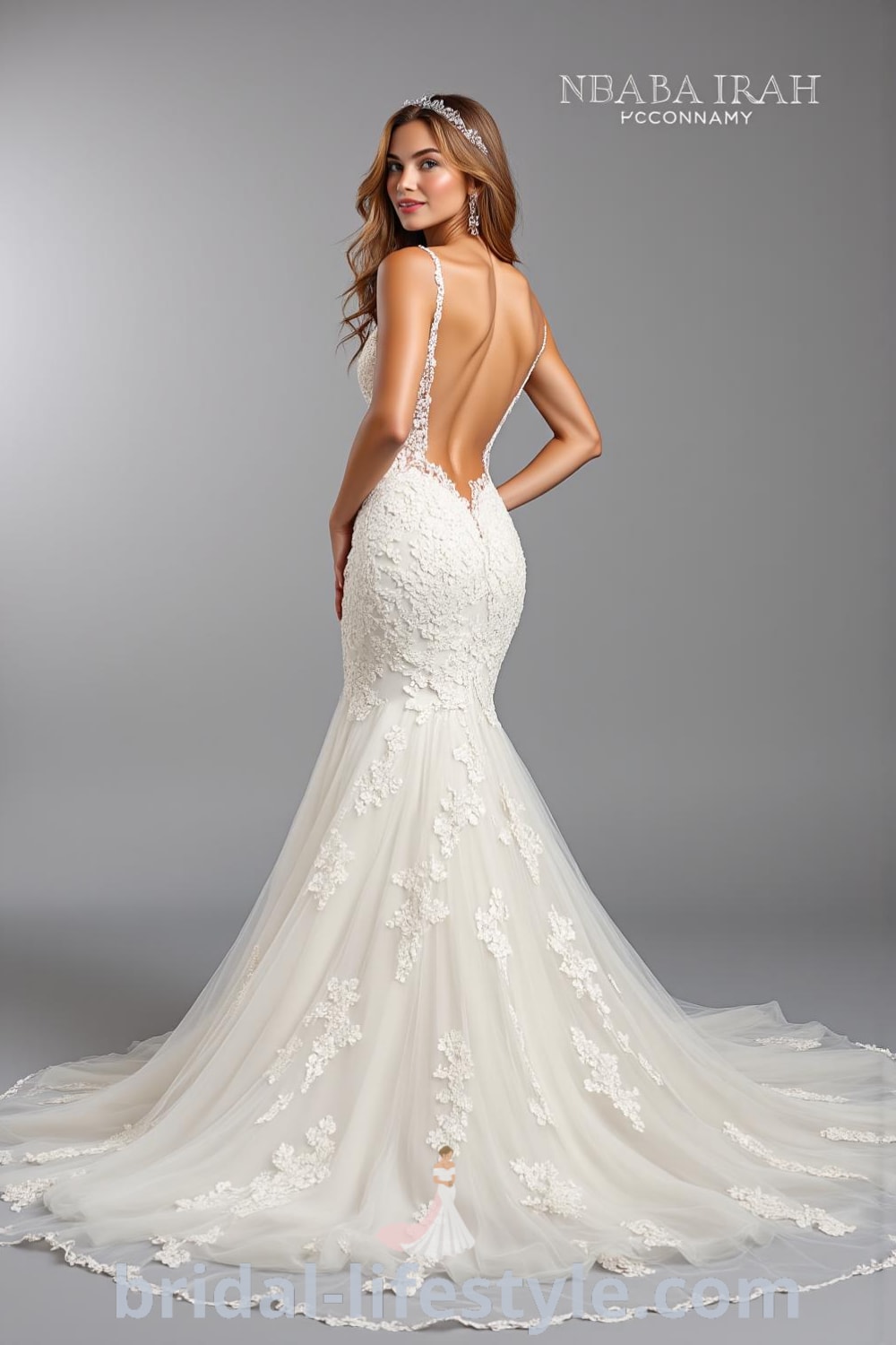 Mermaid wedding dress featuring luxurious satin, lace overlay, dramatic open back, and scalloped edges along the train. bridal-lifestyle.com