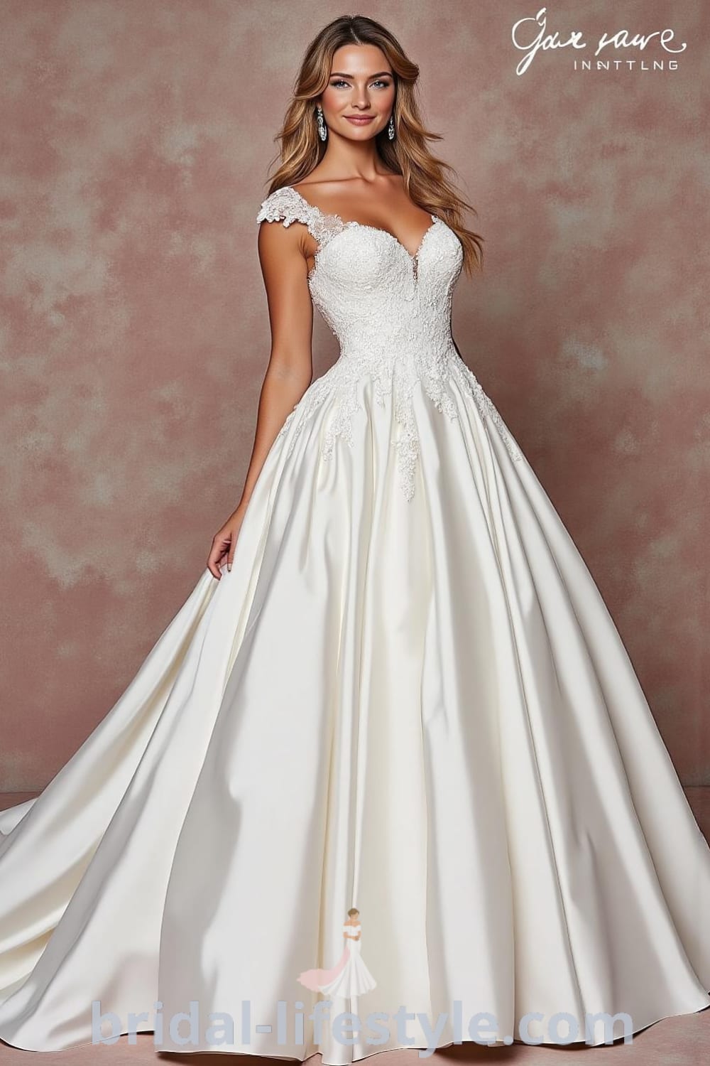 A breathtaking princess tail wedding dress made of satin with intricate lace appliqués along the neckline and flowing train, enhanced by subtle sparkles. bridal-lifestyle.com