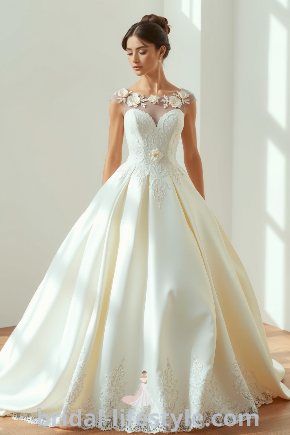 Elegant princess-style wedding dress featuring a fitted bodice, full skirt, intricate floral appliqués, and a luxurious satin and lace design, perfect for dreamy brides. bridal-lifestyle.com