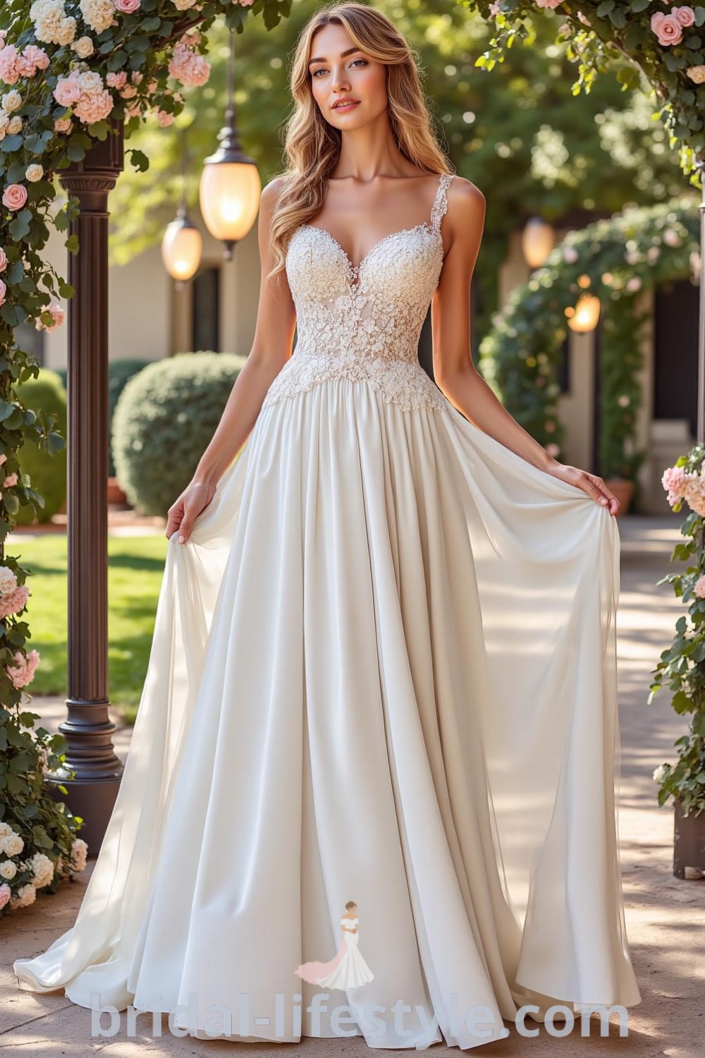 A-line wedding dress with a sweetheart neckline, intricate floral lace appliqués, cascading satin skirt, and a low back. bridal-lifestyle.com