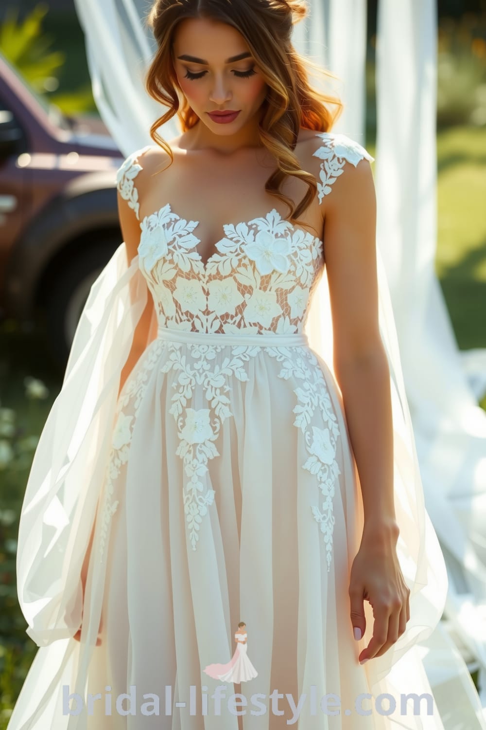 Boho wedding dress featuring layers of chiffon, intricate lace appliqués, soft A-line silhouette, and delicate cap sleeves, designed to create a romantic look for outdoor ceremonies. bridal-lifestyle.com