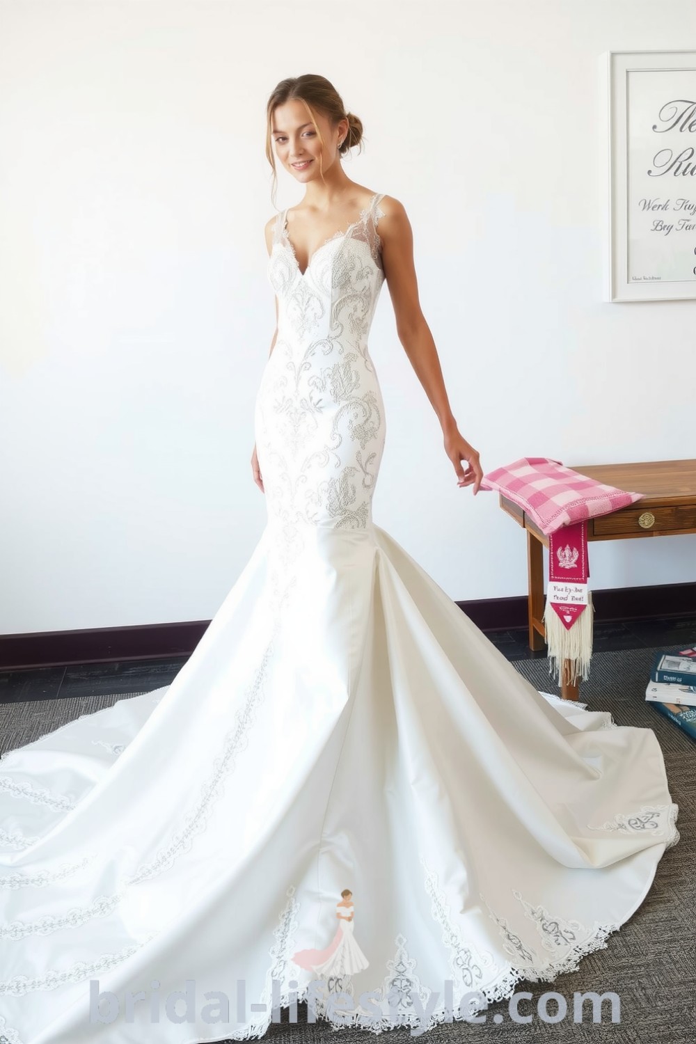 Mermaid wedding dress with fitted lace bodice, soft satin flared skirt, detachable train, and intricate embroidery. bridal-lifestyle.com