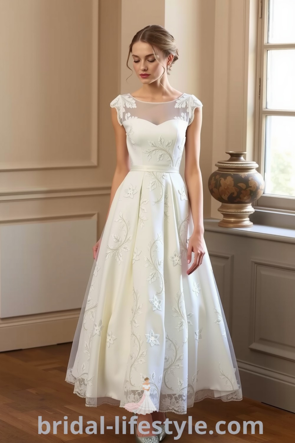 Charming lace midi wedding dress with floral patterns, cinched waist, lightly flared skirt, cap sleeves, and satin ribbon. bridal-lifestyle.com