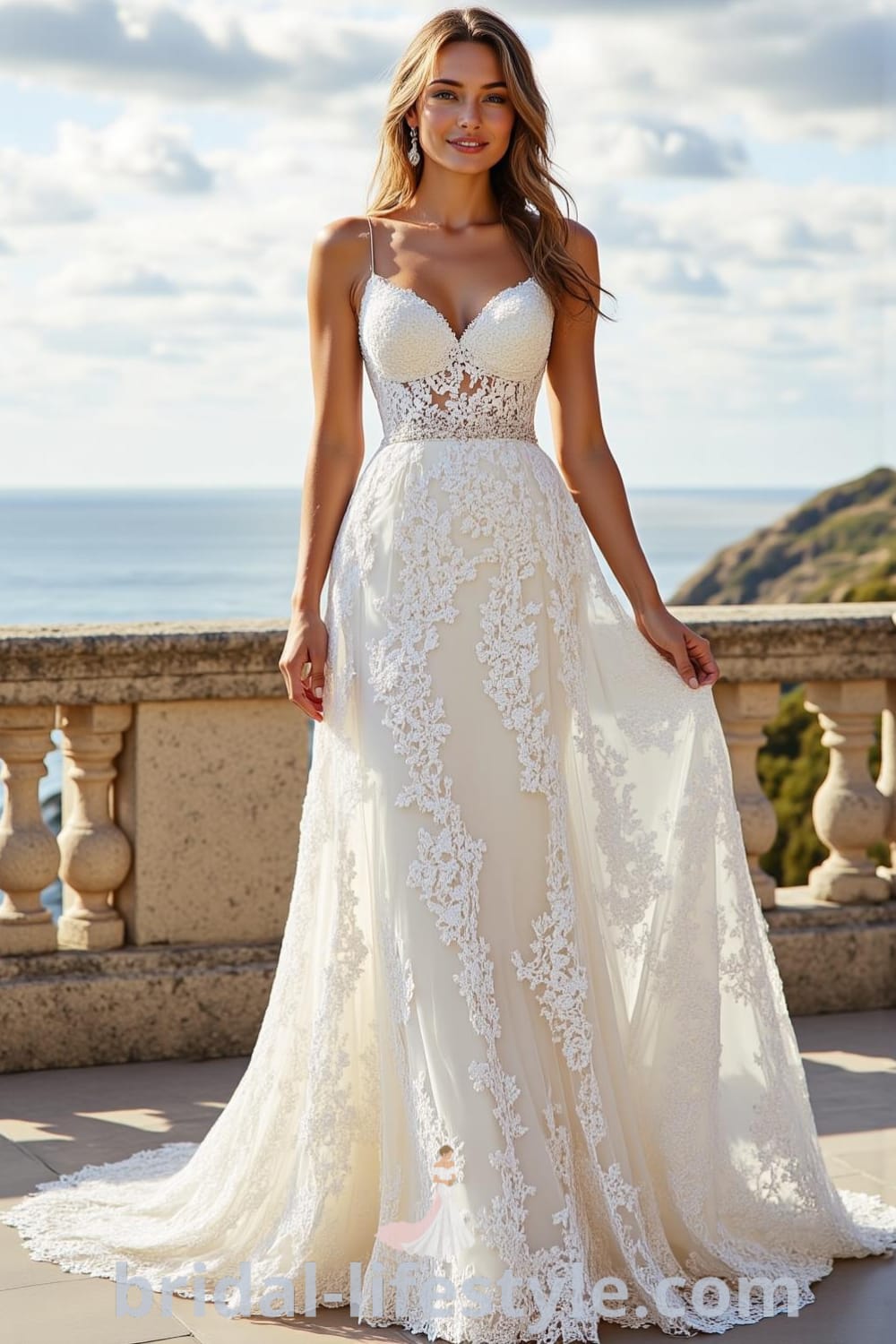 A-line wedding dress with intricate lace embroidery on the skirt, a fitted bodice with scoop neckline and lace straps, and a sheer back, capturing timeless elegance. bridal-lifestyle.com