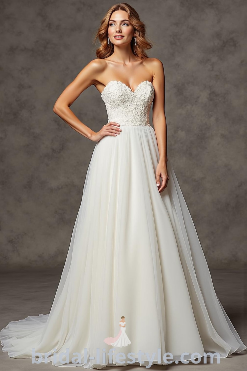 A-line wedding dress with sweetheart neckline, ethereal chiffon skirt, lace appliqués on bodice, and covered buttons at the back. bridal-lifestyle.com