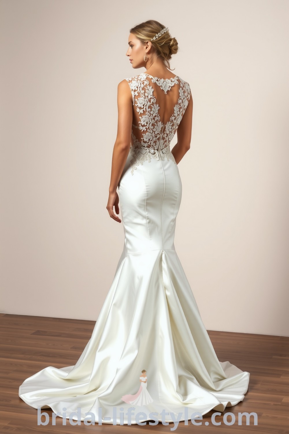 Mermaid wedding dress made of luxurious satin, featuring an open back with lace detailing, delicate godet inserts, and a flowing train, perfect for dreamy brides on their special day. bridal-lifestyle.com