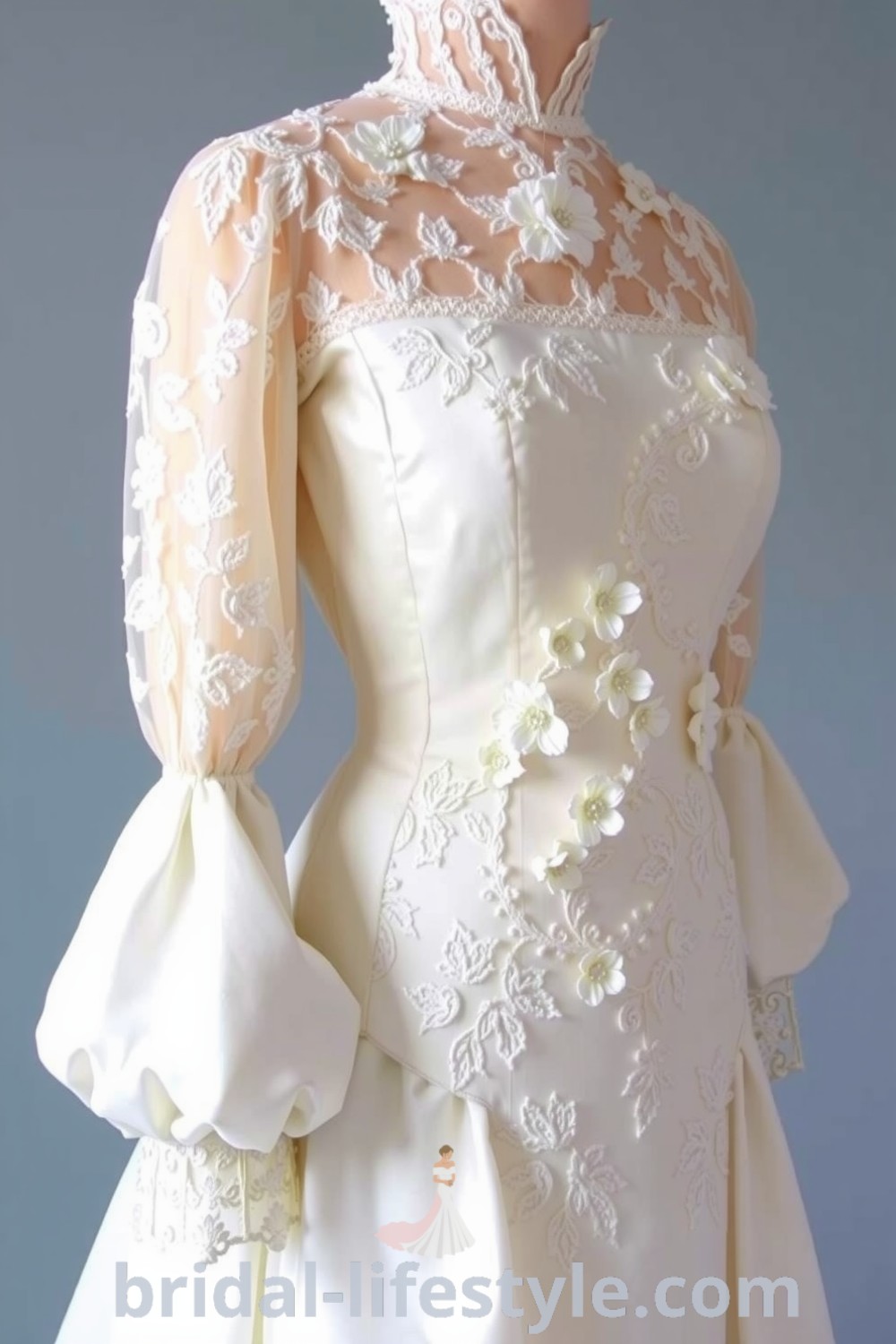 Victorian wedding dress with ivory lace overlays, soft satin underlay, high neckline, billowing sleeves, and intricate floral appliqués, showcased on bridal-lifestyle.com.