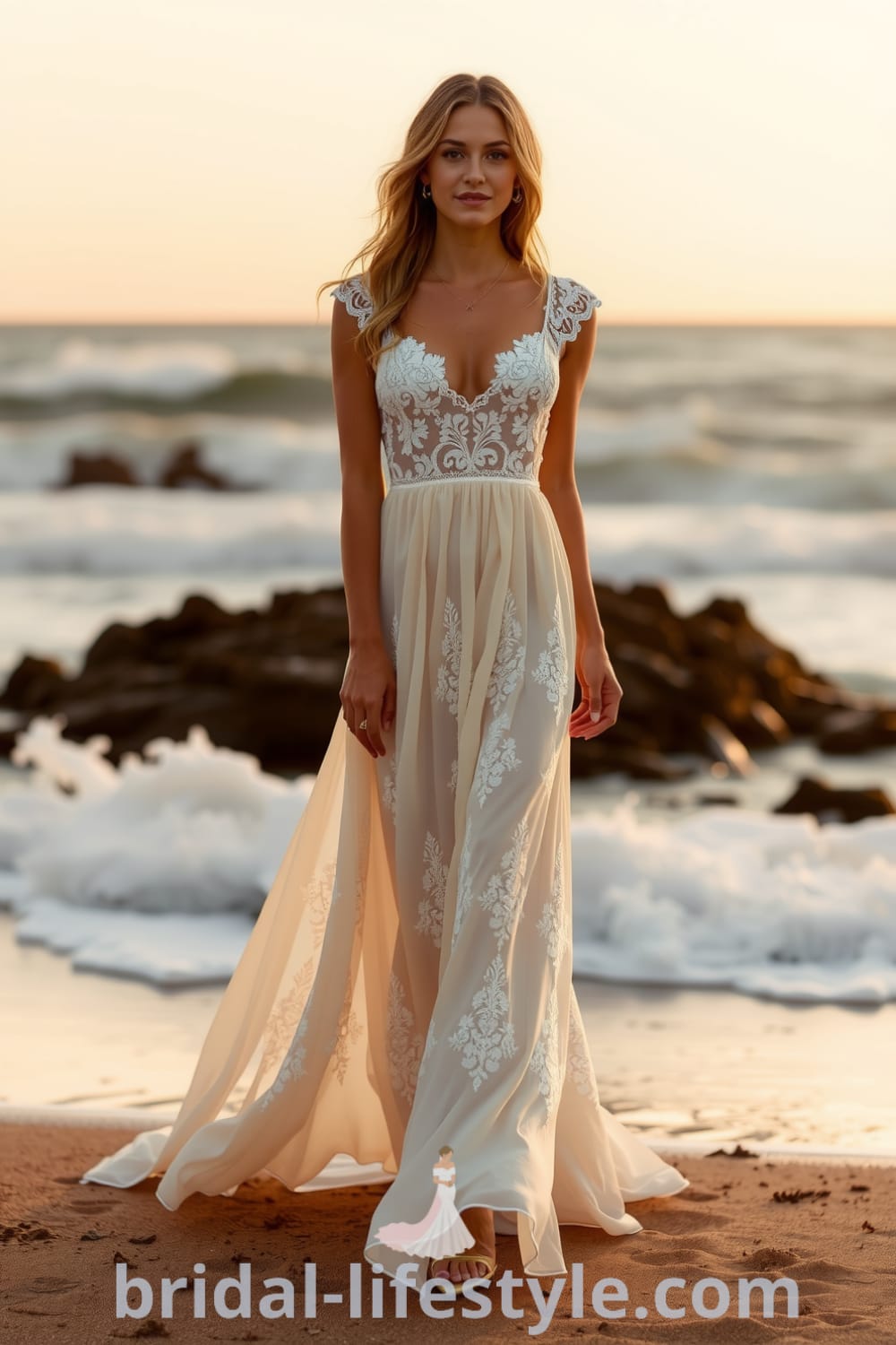 Ankle-length boho beach wedding dress made of lightweight lace with illusion bodice, floral patterns, and delicate cap sleeves, perfect for a beach ceremony. bridal-lifestyle.com