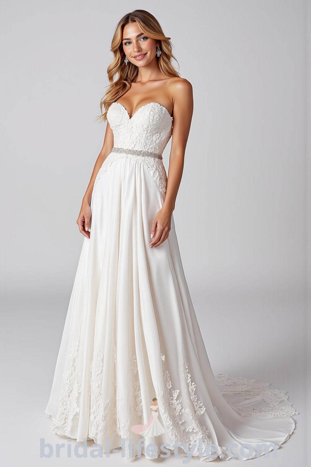 A-line strapless wedding dress made of luxurious satin with lace appliqués on the bodice and a subtle train. bridal-lifestyle.com