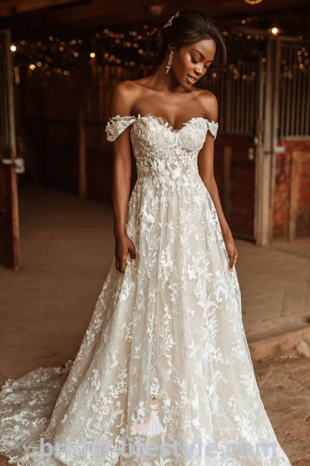 Boho flowery wedding dress with floral lace overlay, enchanting A-line silhouette, rustic barn setting, vintage-inspired bridal look.