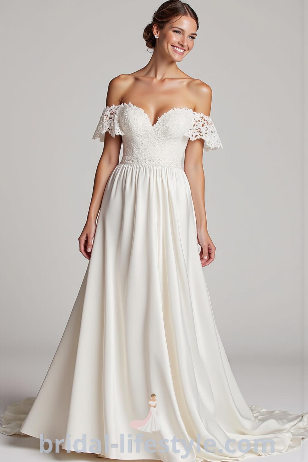 A-line wedding dress with off-the-shoulder satin sleeves, intricately adorned lace appliqués on the bodice, and a soft glimmering skirt. bridal-lifestyle.com