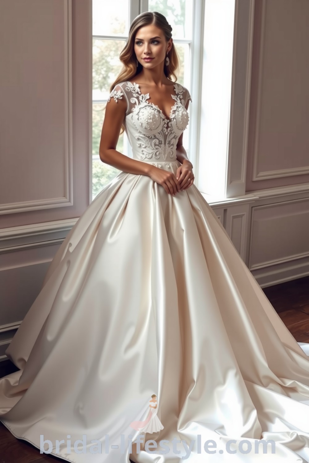 Enchanting princess ballgown with fitted bodice, voluminous satin skirt, intricate lace appliqués, and delicate beadwork, ideal for dreamy brides looking for inspiration looks for the special day. bridal-lifestyle.com