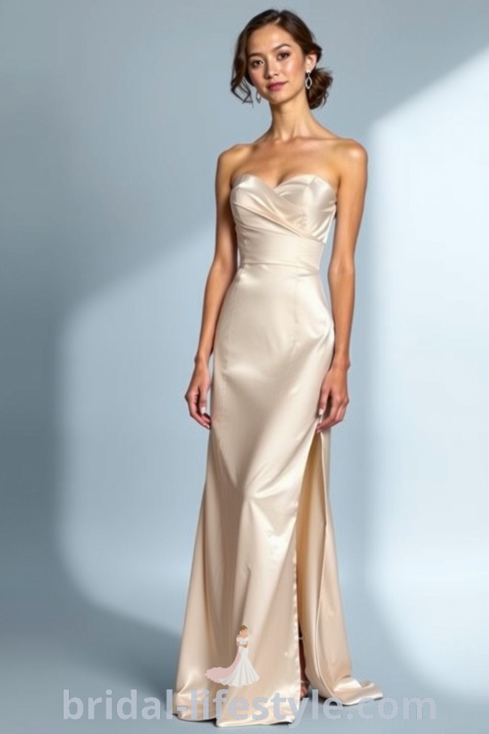 Elegant long satin bridesmaid dress on bridal-lifestyle.com showcasing a sleek silhouette, with a daring side slit and luxurious fabric, perfect for dreamy brides and aesthetic ideas for the special day.