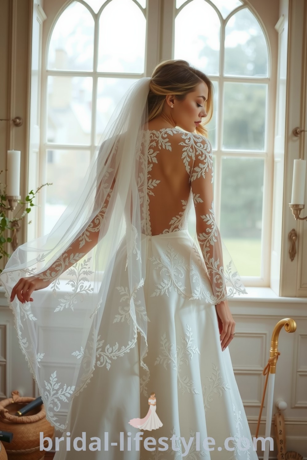 Vintage lace wedding dress with A-line silhouette, sheer lace sleeves, and intricate appliqués, elegantly enveloping the bride