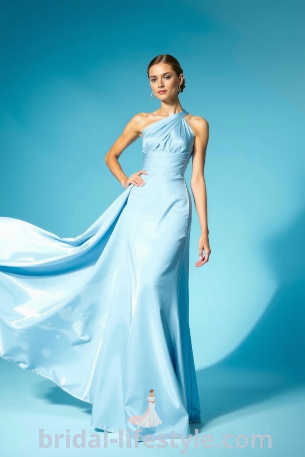 Elegant one shoulder bridesmaid dress in soothing blue satin with ruching at the bodice, highlighting a graceful silhouette. bridal-lifestyle.com