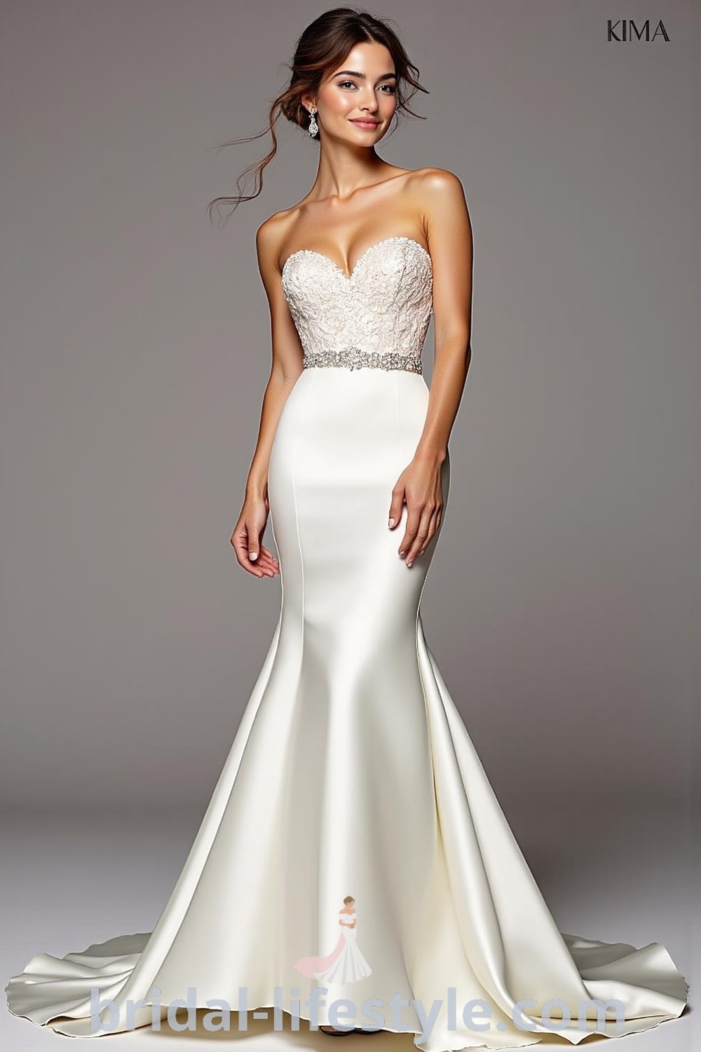A stunning mermaid wedding dress with satin fabric, strapless sweetheart neckline, intricate lace appliqués, and a beaded belt, featuring a sweeping train. bridal-lifestyle.com