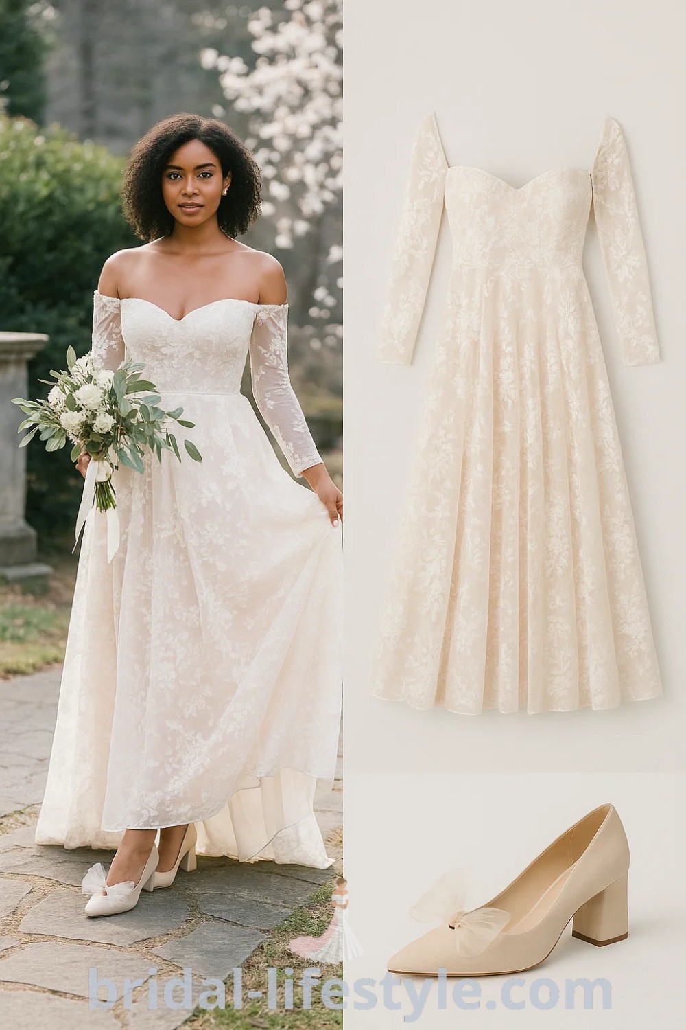 ivory A-Line Lace wedding dress with off-the-shoulder long sleeves, floral detailing, beige heels, and a green and white bouquet, perfect for a romantic wedding, bridal gown, or special occasion. Explore more at pinshoesoutfits.com.