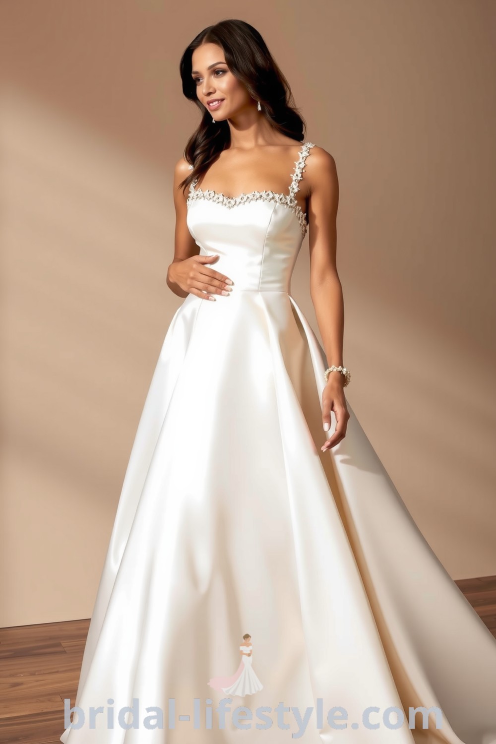 Elegant fit and flare wedding dress with a square neckline, fitted bodice, luxurious satin fabric, and delicate lace embellishments, perfect for dreamy brides. bridal-lifestyle.com