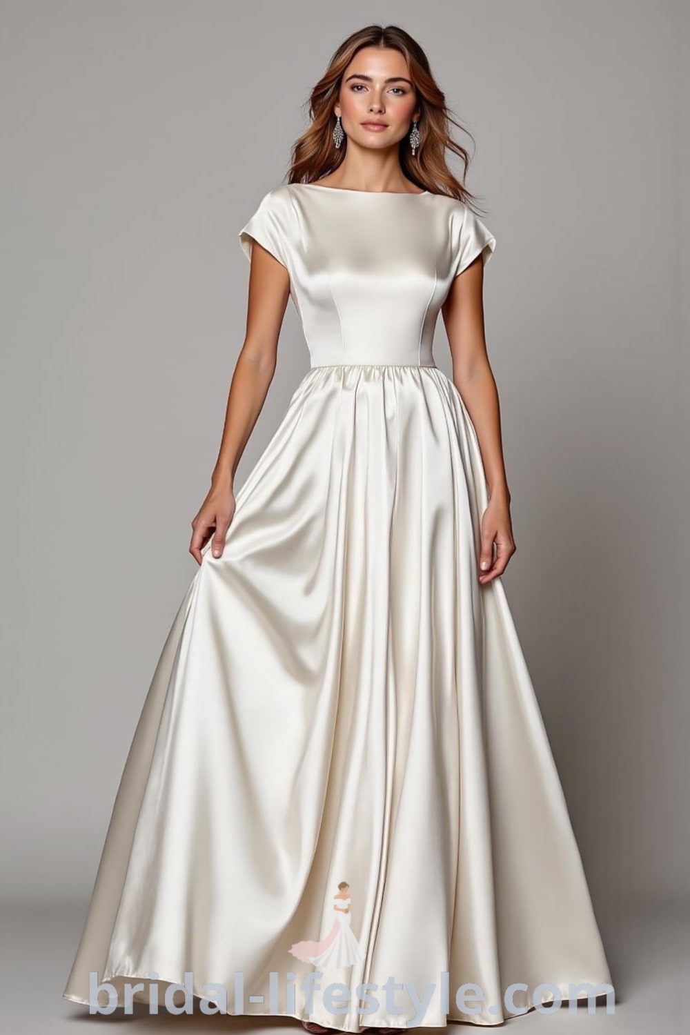 Minimalist satin wedding dress with a boat neckline, delicate cap sleeves, and a subtle train, showcasing timeless elegance. bridal-lifestyle.com