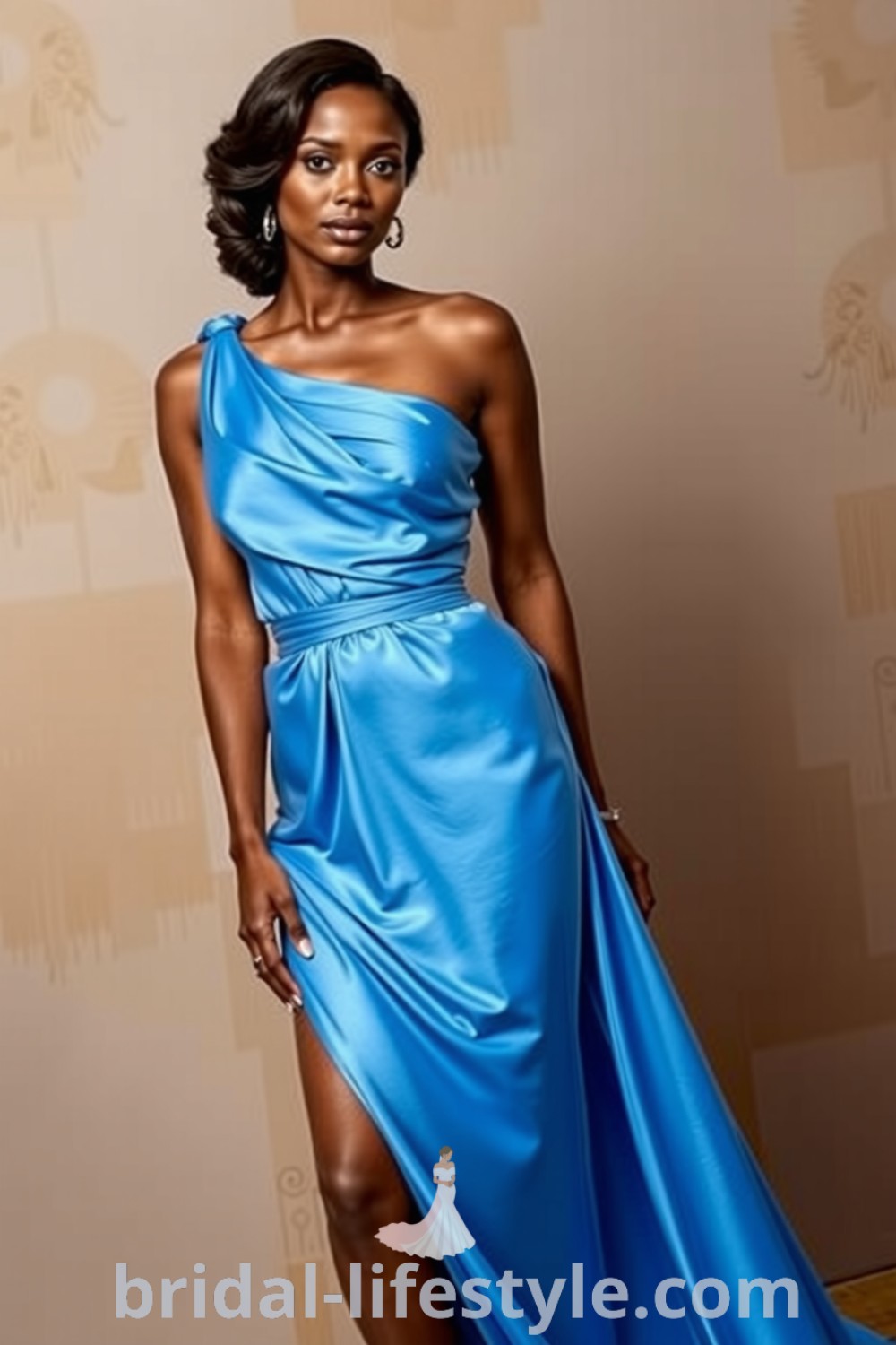 One-shoulder blue bridesmaid dress in soft satin with elegant draping, featuring delicate ruching at the waist and a modern silhouette. bridal-lifestyle.com