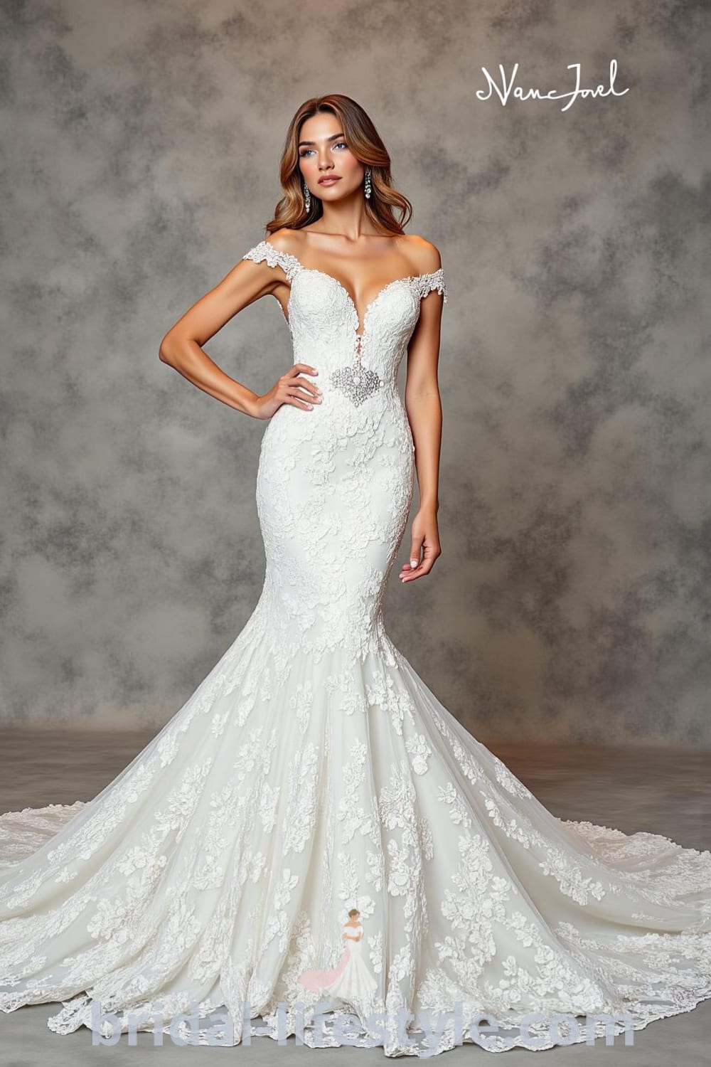 Mermaid wedding dress featuring intricate lace, sweetheart neckline, delicate cap sleeves, and dramatic train, designed to accentuate the bride