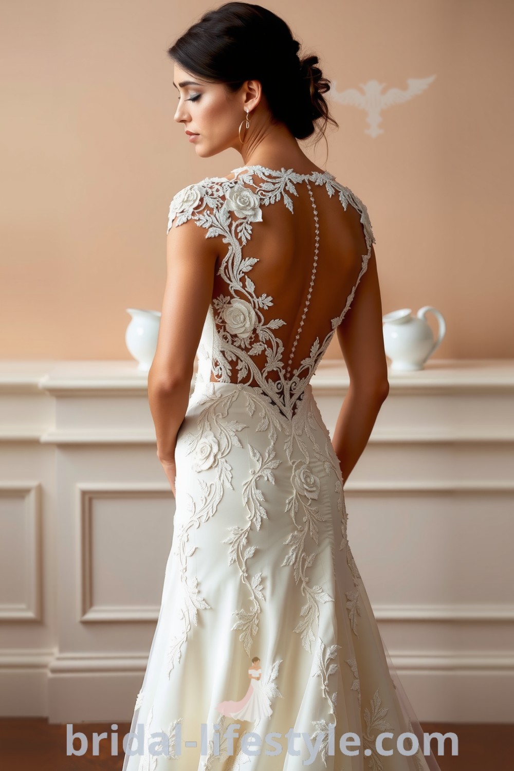 Fit and flare wedding dress with intricate beaded lace embellishments, featuring an elegant silhouette that hugs curves and flares at the knees. bridal-lifestyle.com