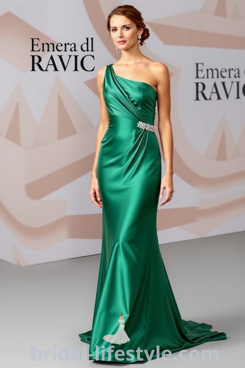 One-shoulder emerald satin bridesmaid dress featuring a smooth silhouette, delicate waist embellishments, and a cascading skirt. bridal-lifestyle.com