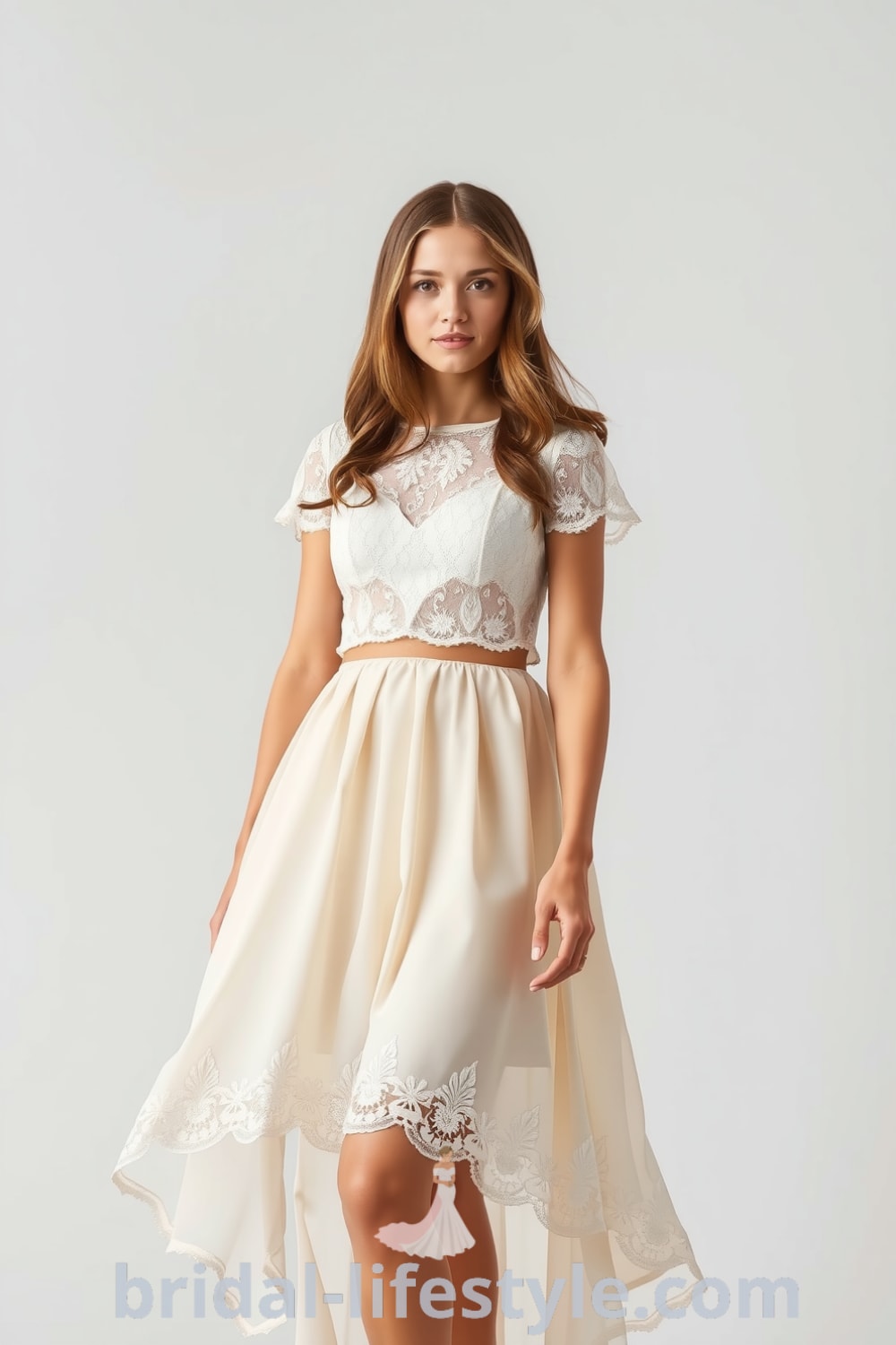 Boho two-piece wedding dress with a flowing lace crop top featuring floral patterns and a high-waisted chiffon skirt, perfect for a natural and elegant celebration. bridal-lifestyle.com
